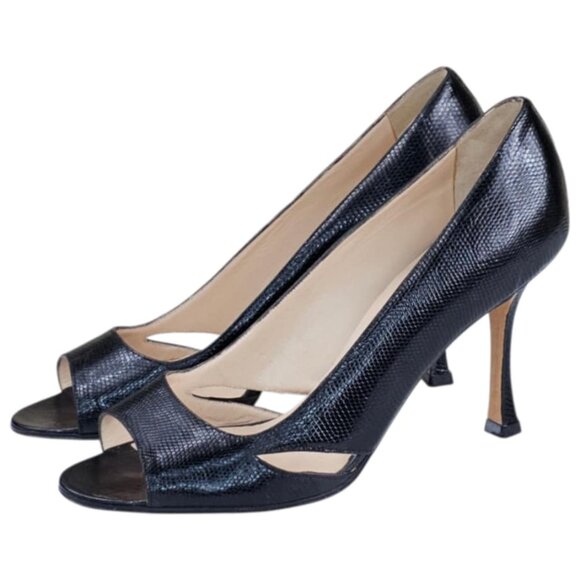 Manolo Blahnik Farinelli Lizard Leather Peep Toe Pumps $1200 Size 38 Black - Picture 1 of 13